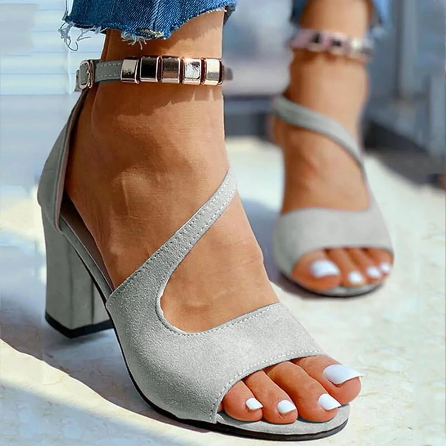 Black Womens Sandals Heel, Women's Buckle Strap Block Heel Sandals Beaded Fish Mouth High Heels Summer Casual Ankle Strap Sandals Bohemian Dressy