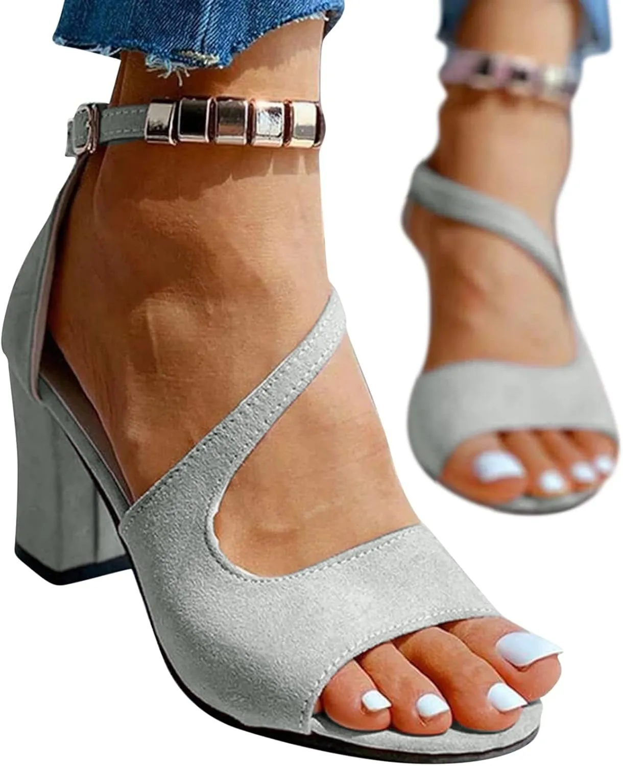 Black Womens Sandals Heel, Women's Buckle Strap Block Heel Sandals Beaded Fish Mouth High Heels Summer Casual Ankle Strap Sandals Bohemian Dressy