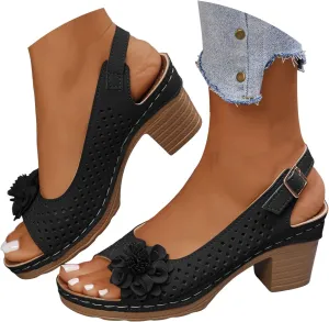 Block Heel Sandals for Women 2025 Open Toe Summer Casual Solid Color Hollow Out Floral Decor Sandals Hollow Out Slingback Chunky Block Heel Cut-Out Party Dress Wedding Dance Shoes