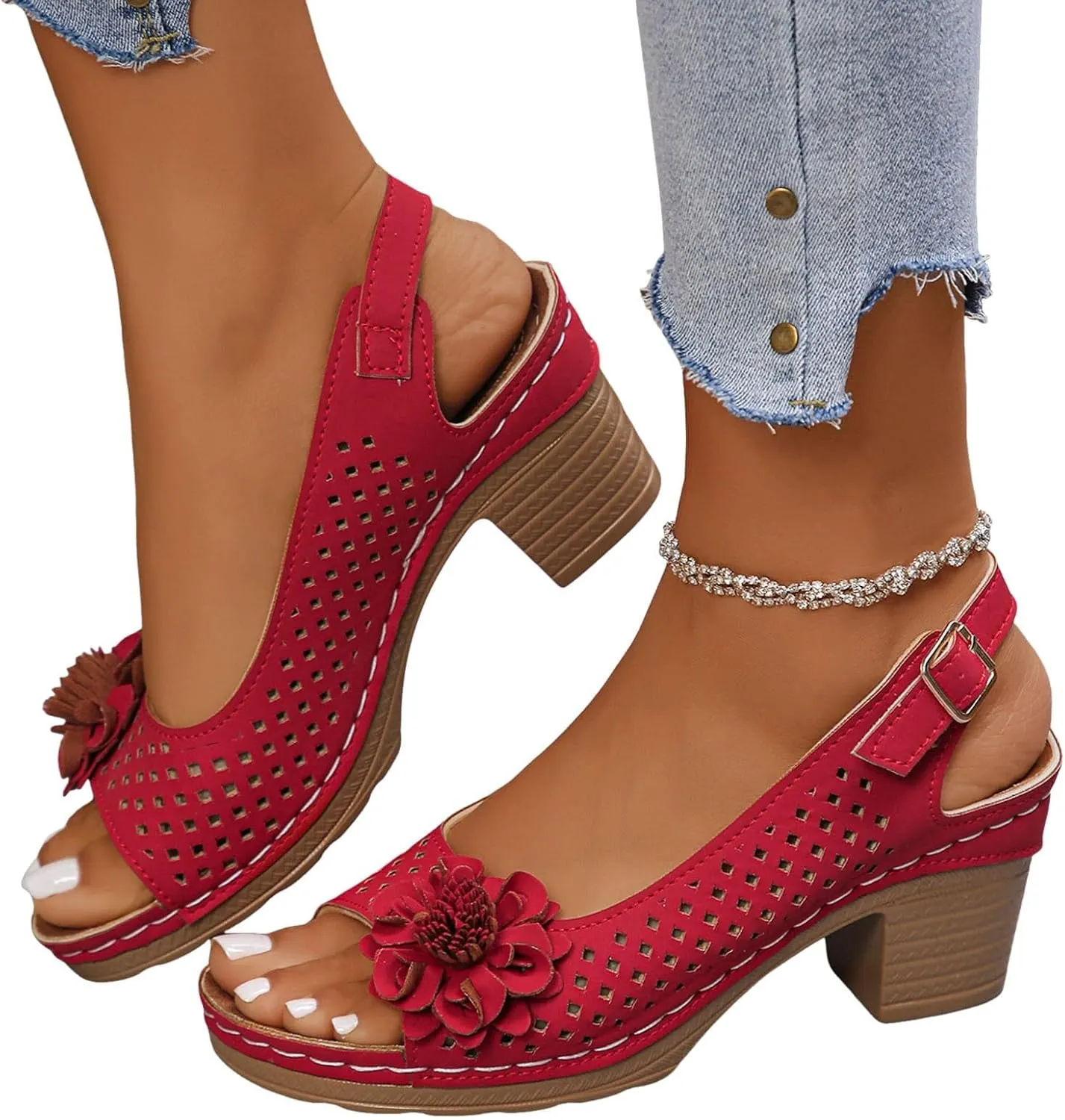Block Heel Sandals For Women,Women's Heeled Sandals 2025 Summer Open Toe Ankle Buckle Strap Chunky Womens High Heels Fish Mouth Flowers Casual Hollow Out Non Slip Platform Fashion Shoes