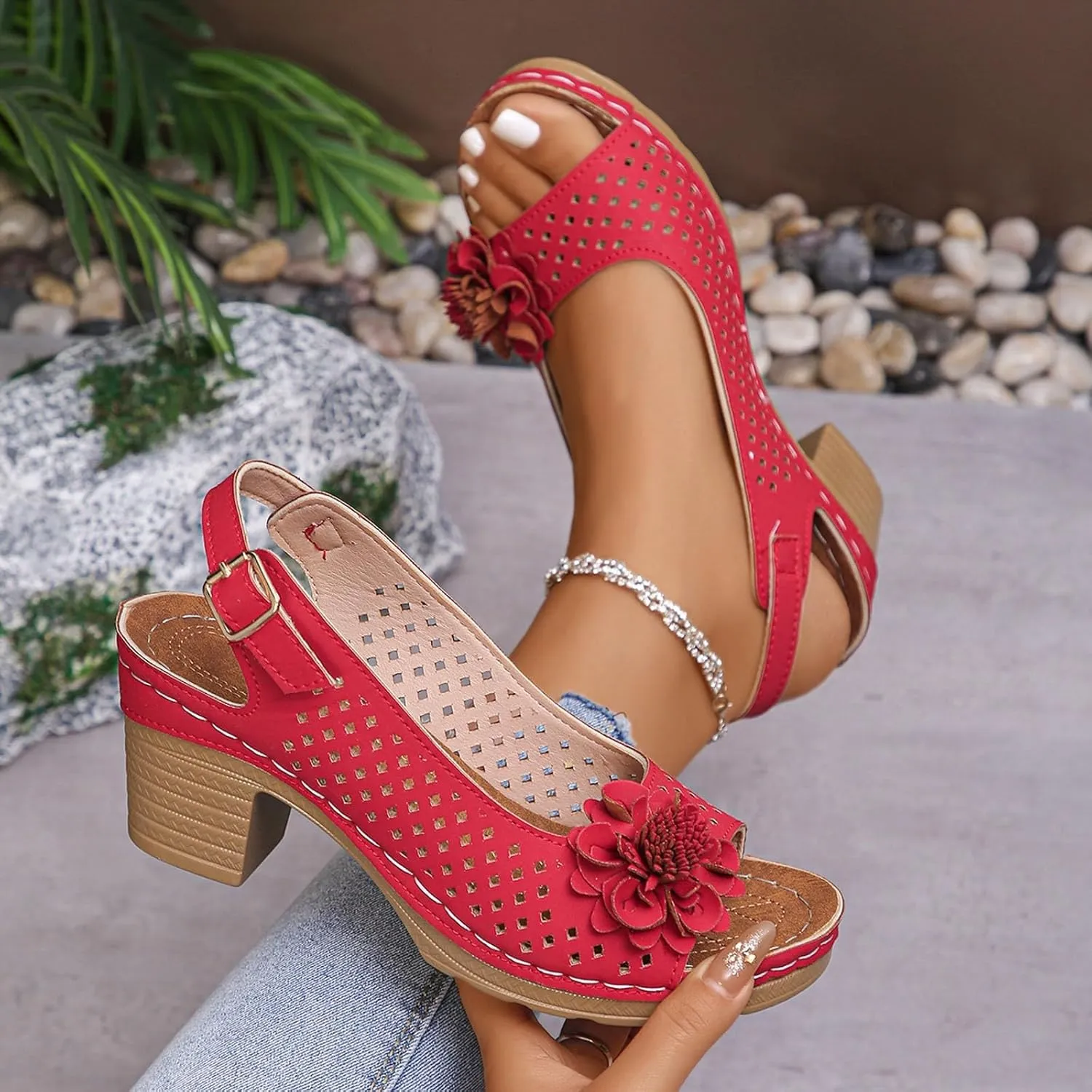 Block Heel Sandals For Women,Women's Heeled Sandals 2025 Summer Open Toe Ankle Buckle Strap Chunky Womens High Heels Fish Mouth Flowers Casual Hollow Out Non Slip Platform Fashion Shoes