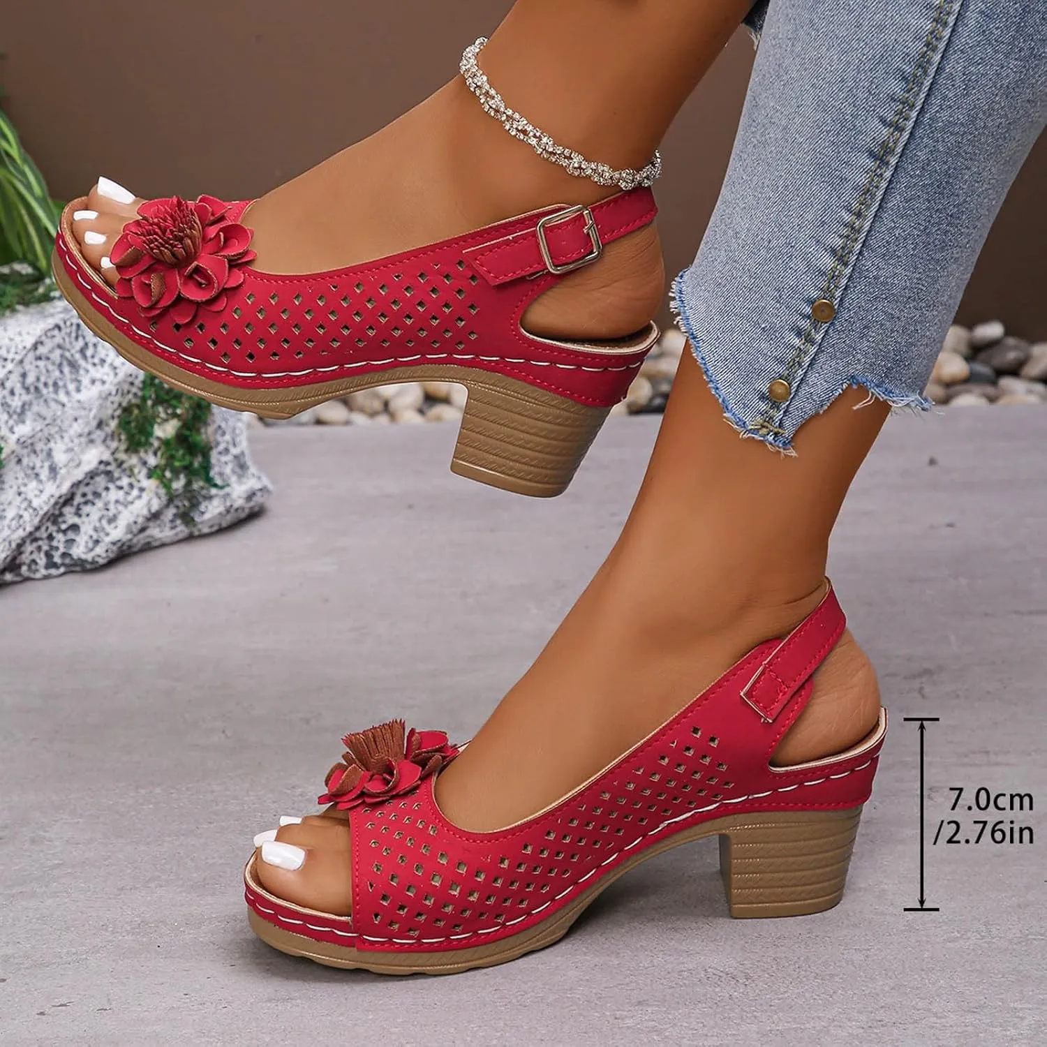 Block Heel Sandals For Women,Women's Heeled Sandals 2025 Summer Open Toe Ankle Buckle Strap Chunky Womens High Heels Fish Mouth Flowers Casual Hollow Out Non Slip Platform Fashion Shoes