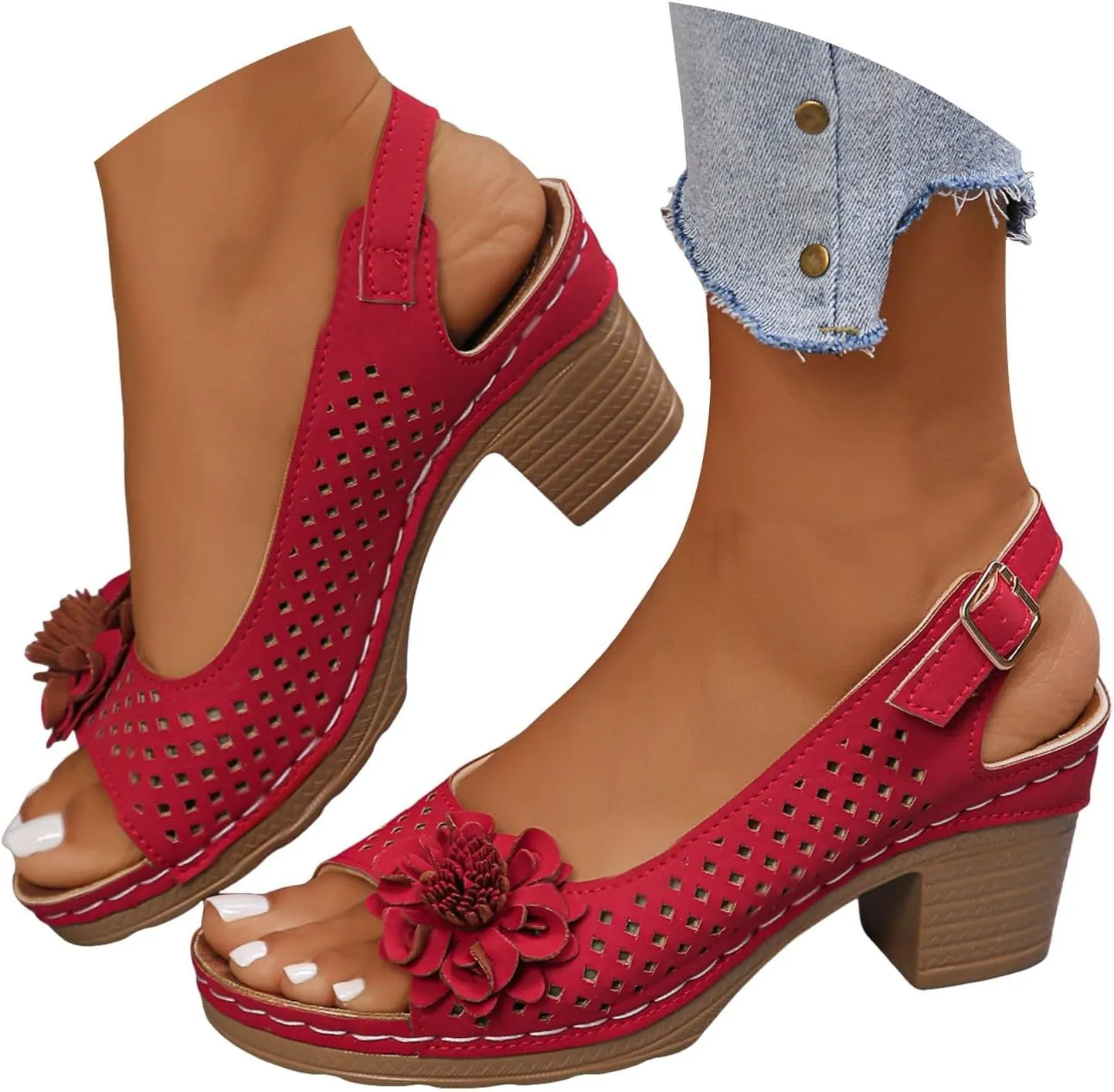 Block Heel Sandals For Women,Women's Heeled Sandals 2025 Summer Open Toe Ankle Buckle Strap Chunky Womens High Heels Fish Mouth Flowers Casual Hollow Out Non Slip Platform Fashion Shoes