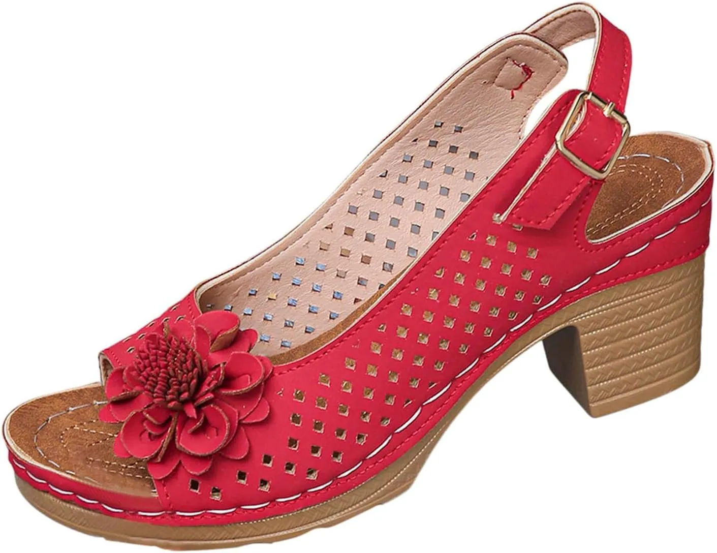 Block Heel Sandals For Women,Women's Heeled Sandals 2025 Summer Open Toe Ankle Buckle Strap Chunky Womens High Heels Fish Mouth Flowers Casual Hollow Out Non Slip Platform Fashion Shoes