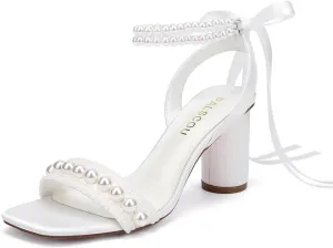 Block Heel Wedding Sandals Pearl Heels Wedding Shoes for Bride Open Toe Bridal Shoes