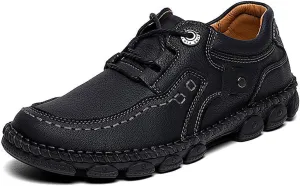 Boxpopla Handmade Leather Lace-Up Casual Shoes for Mens Breathable Loafers Sneakers Walking Shoes Slip On Comfortable Driving Office Dress Flat Shoes