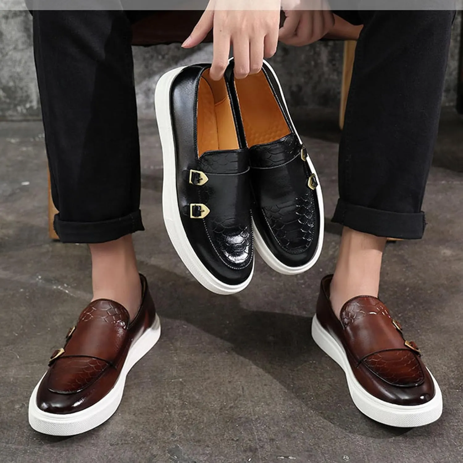 ByErz Men' S Casual Shoes Leather Dress Sneakers Business Loafers Shoes for Men Breathable Fashion Sneakers