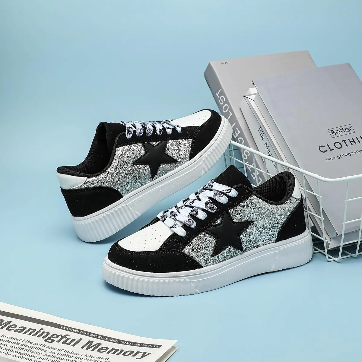 Canvas Glitter Y2K Retro Star Sneakers Comfortable Rubber Sole Shoes for Women Holiday Travel Daily Wear Matching Couple Outfit Aesthetic Star Skate Style