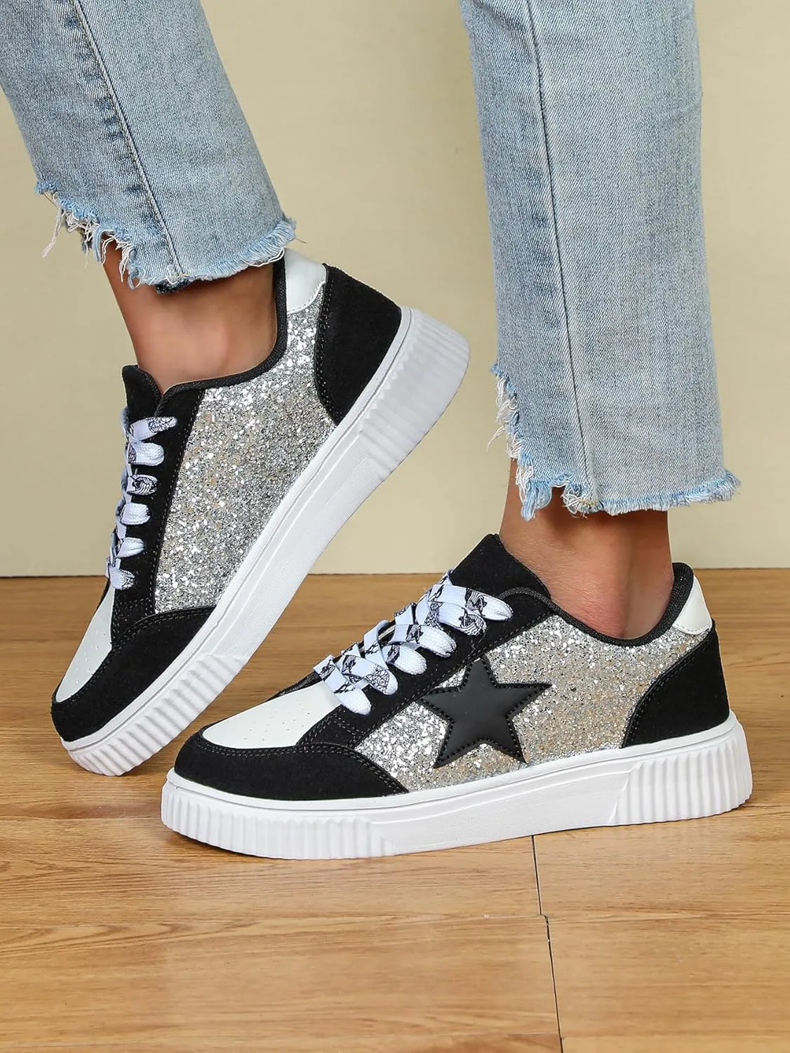 Canvas Glitter Y2K Retro Star Sneakers Comfortable Rubber Sole Shoes for Women Holiday Travel Daily Wear Matching Couple Outfit Aesthetic Star Skate Style