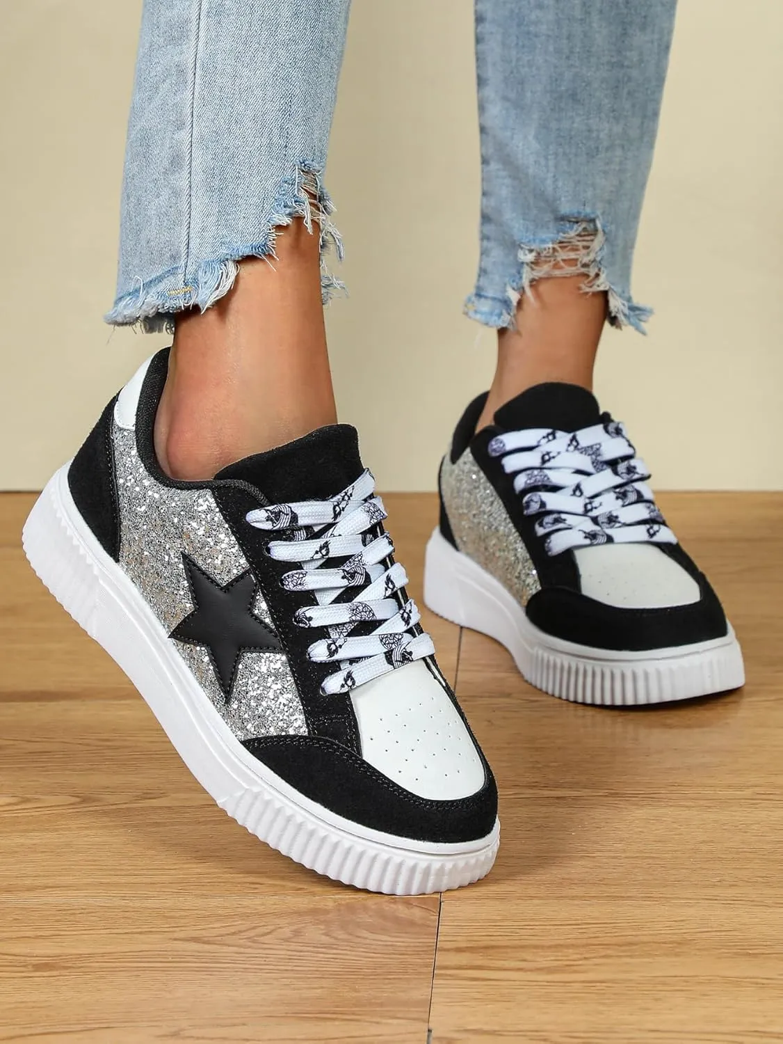 Canvas Glitter Y2K Retro Star Sneakers Comfortable Rubber Sole Shoes for Women Holiday Travel Daily Wear Matching Couple Outfit Aesthetic Star Skate Style