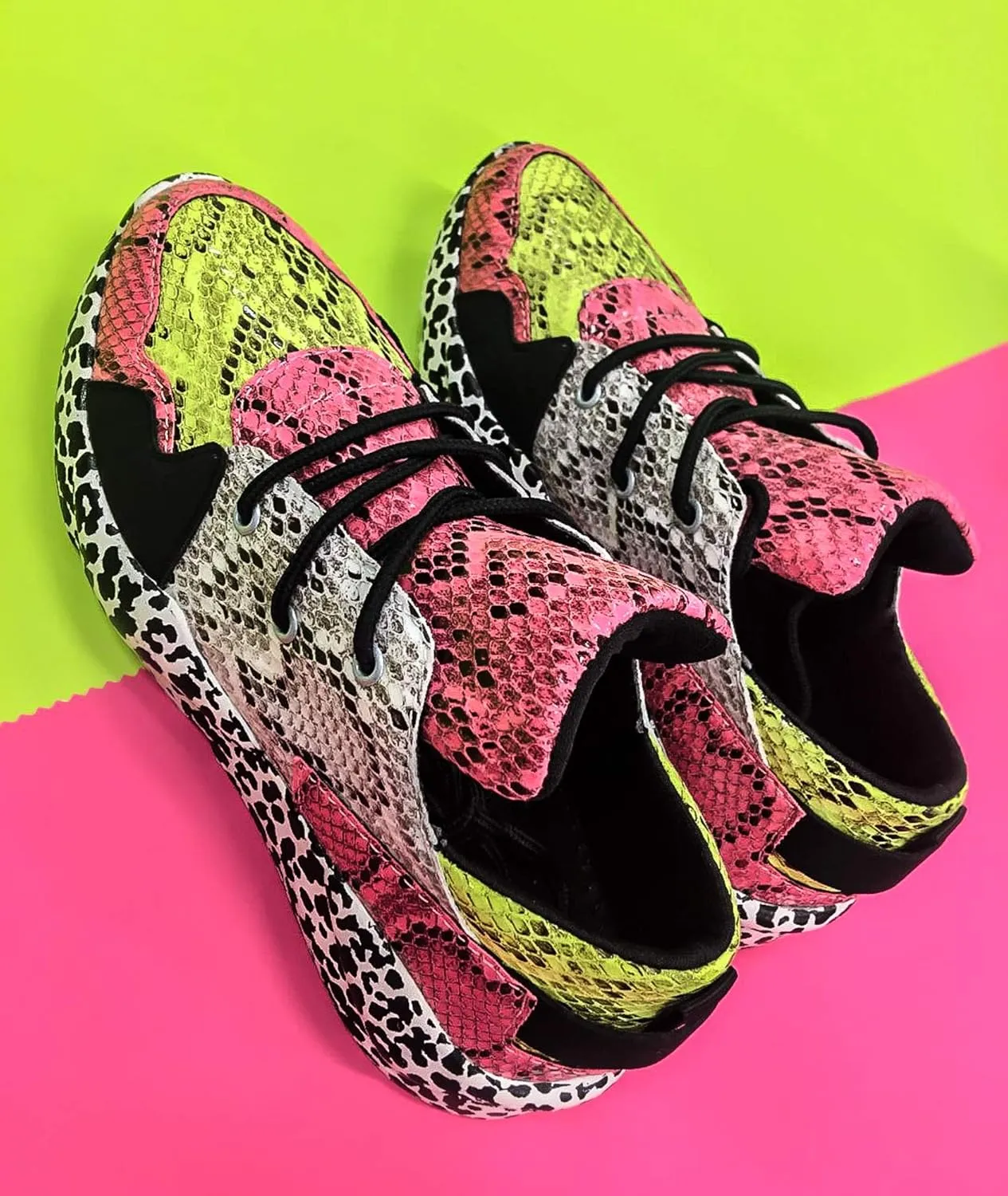 CAPE ROBBIN Womens Casual Round Toe Slip On Color Block Snake Print Lace Up Low Top Fashion Sneakers