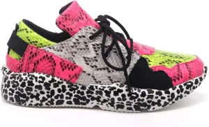 CAPE ROBBIN Womens Casual Round Toe Slip On Color Block Snake Print Lace Up Low Top Fashion Sneakers