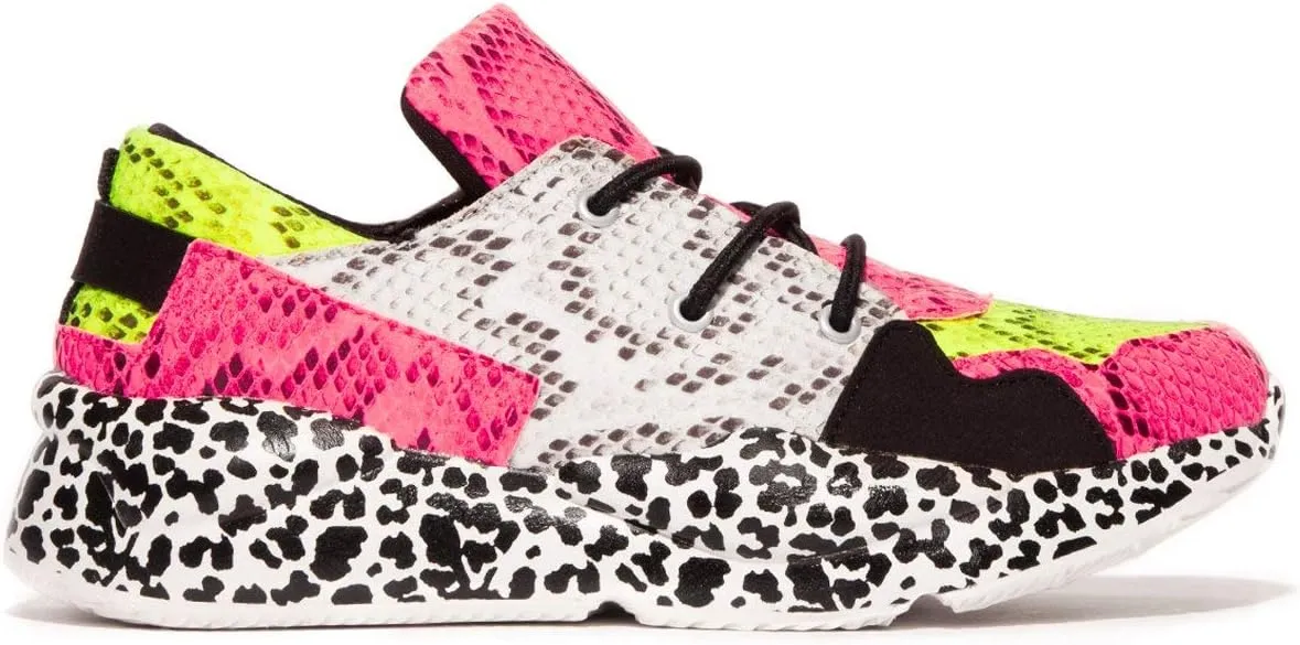 CAPE ROBBIN Womens Casual Round Toe Slip On Color Block Snake Print Lace Up Low Top Fashion Sneakers