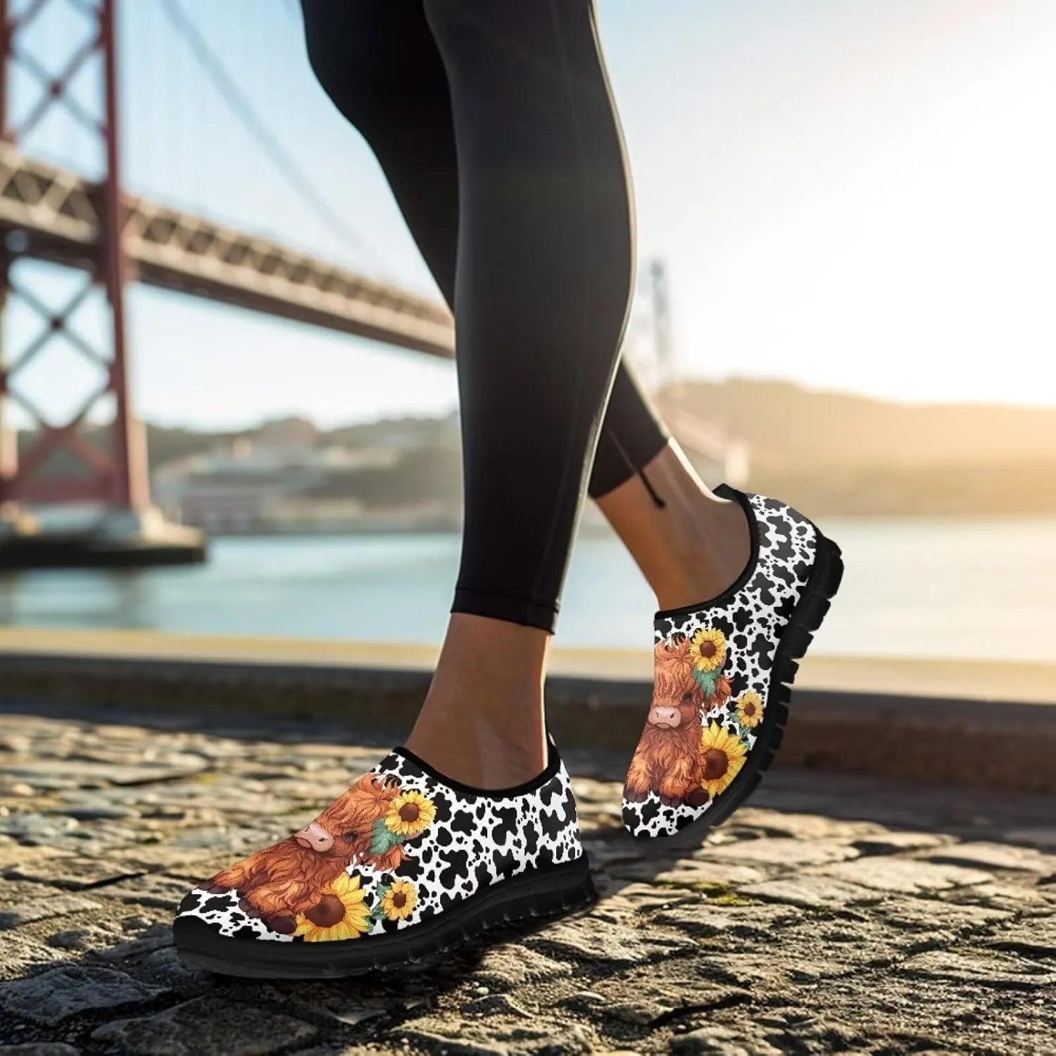 Cartoon Cattle Print Slip on Shoes for Women Loafers Hands Free Shoes Running Sneakers