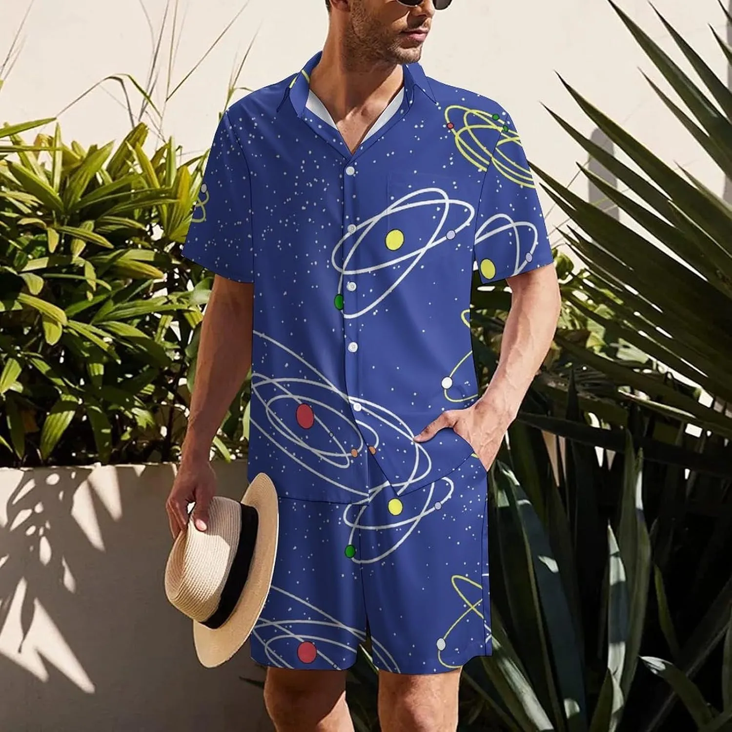 Cartoon Style Theme of SpaceMen's Two-piece Casual Short-sleeved Shirt Summer Loose Vacation Suit