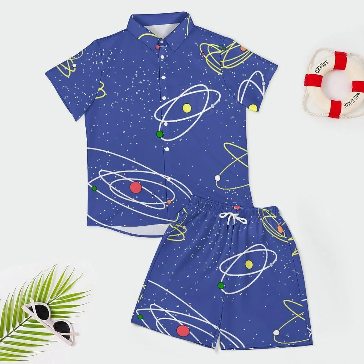 Cartoon Style Theme of SpaceMen's Two-piece Casual Short-sleeved Shirt Summer Loose Vacation Suit