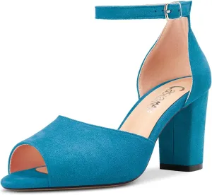Castamere Women Chunky Block High Heel Peep Open Toe Sandals Ankle Strap Wedding Cute 3.2 Inches Heels