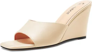 Castamere Women Mid Wedge Heel Open Toe Slip-on Mules Shoes Sandals Casual Party 3.2 Inches Heels