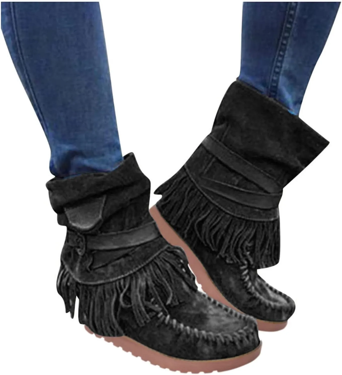 Casual Fashion Women Ankle Boots Women's Boots Ankle Boots Casual Retro Fringe Tassel Round Toe Flat Women's Boots