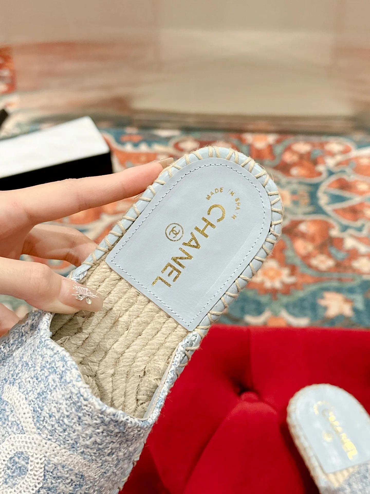 cc espadrilles mule cloud blue fabric white sequin