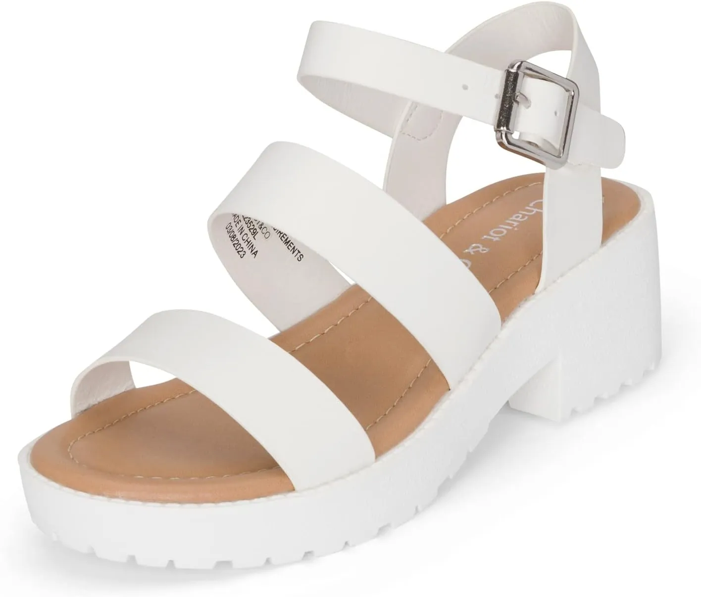 Chariot & Co -Credit(IIS)- Girls/Little Kids/Children Open Toe Strappy Two Band Double Strap Ankle Buckle Platform Lug Sole Chunky Block 1.75" Heel Sandals