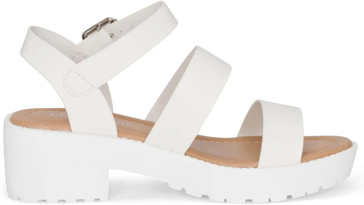 Chariot & Co -Credit(IIS)- Girls/Little Kids/Children Open Toe Strappy Two Band Double Strap Ankle Buckle Platform Lug Sole Chunky Block 1.75" Heel Sandals
