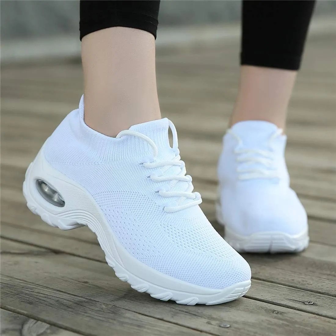 CHICLOVEY Women's Mesh Wedges Platform Loafers Lace-up Air Cushion Running Dance Shoes