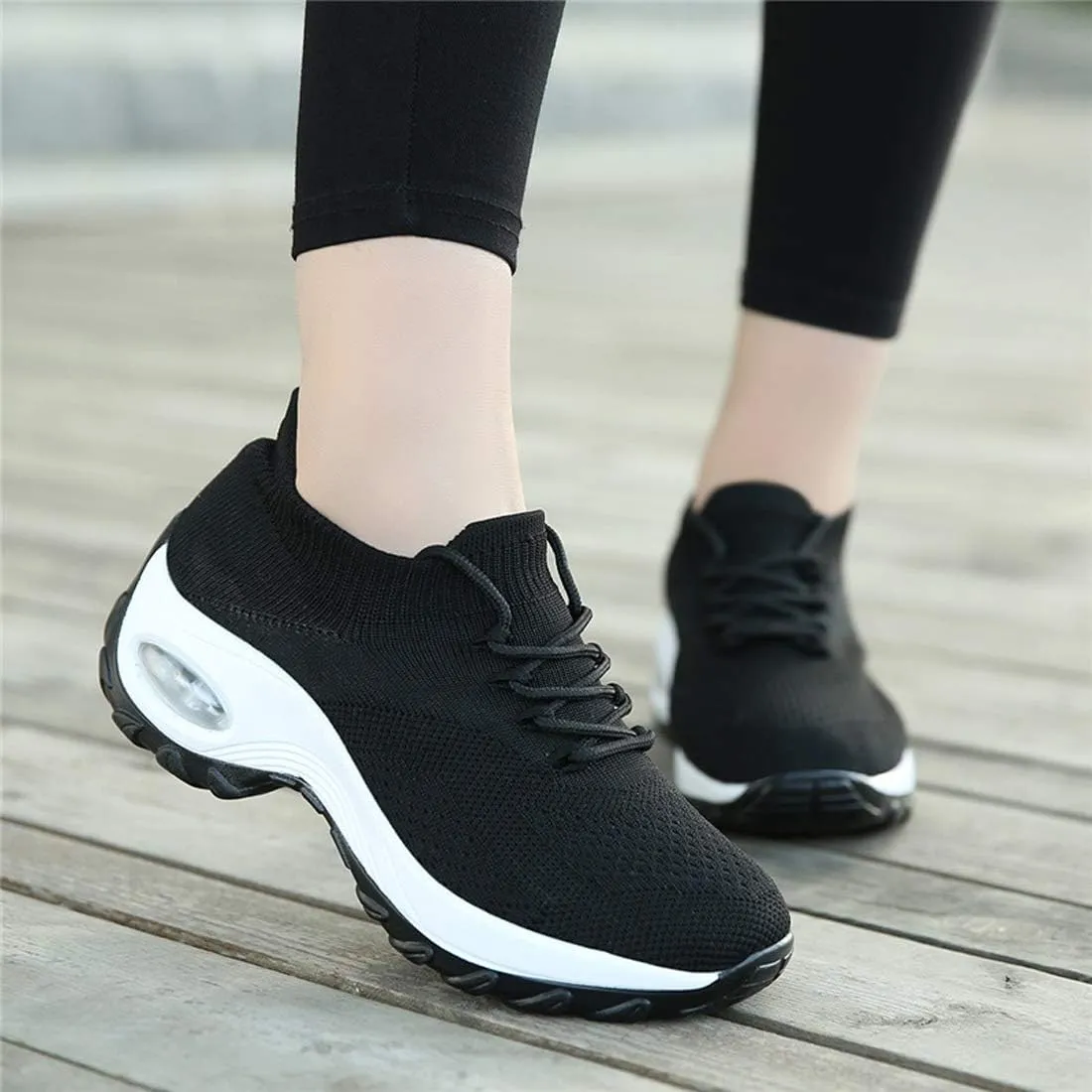 CHICLOVEY Women's Mesh Wedges Platform Loafers Lace-up Air Cushion Running Dance Shoes