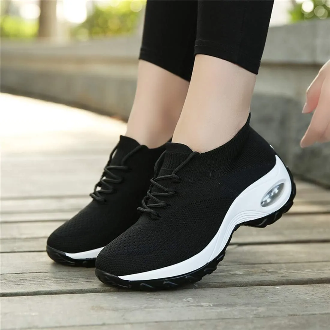 CHICLOVEY Women's Mesh Wedges Platform Loafers Lace-up Air Cushion Running Dance Shoes