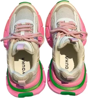 Chunky Dad Sneakers for Women - Fashion Platform Shoes with Breathable Mesh, Colorblock Design, Comfortable Athletic Walking Shoes (White/Black or White/Pink)