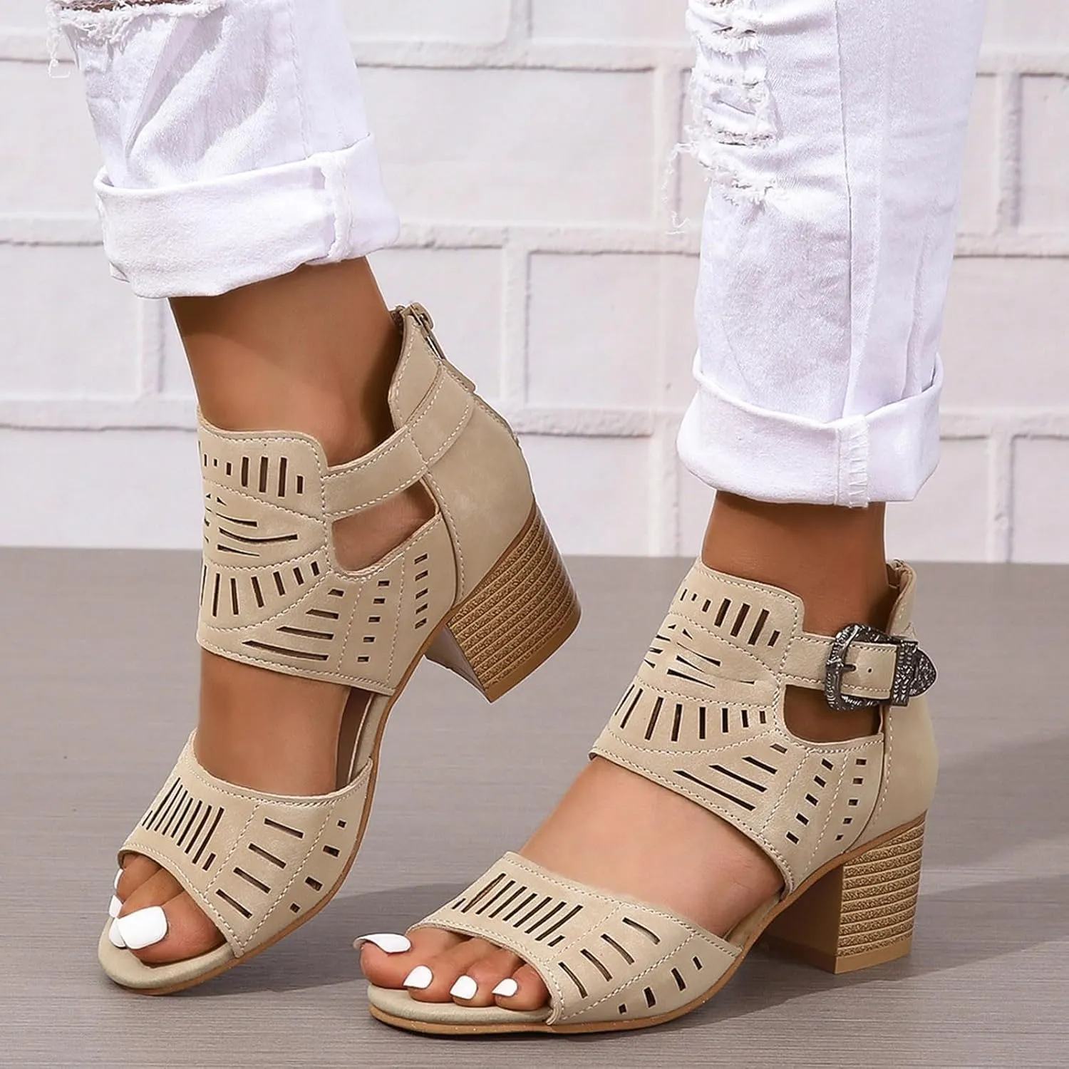 Chunky Heel Sandals for women Cut Out Open Toe Zipper Block Summer Beach Dressy Party High Heeled Adjustable Ankle Strap Women Platform Open Fashion Cutout Caged Shoes for Daily Wear