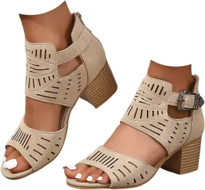Chunky Heel Sandals for women Cut Out Open Toe Zipper Block Summer Beach Dressy Party High Heeled Adjustable Ankle Strap Women Platform Open Fashion Cutout Caged Shoes for Daily Wear