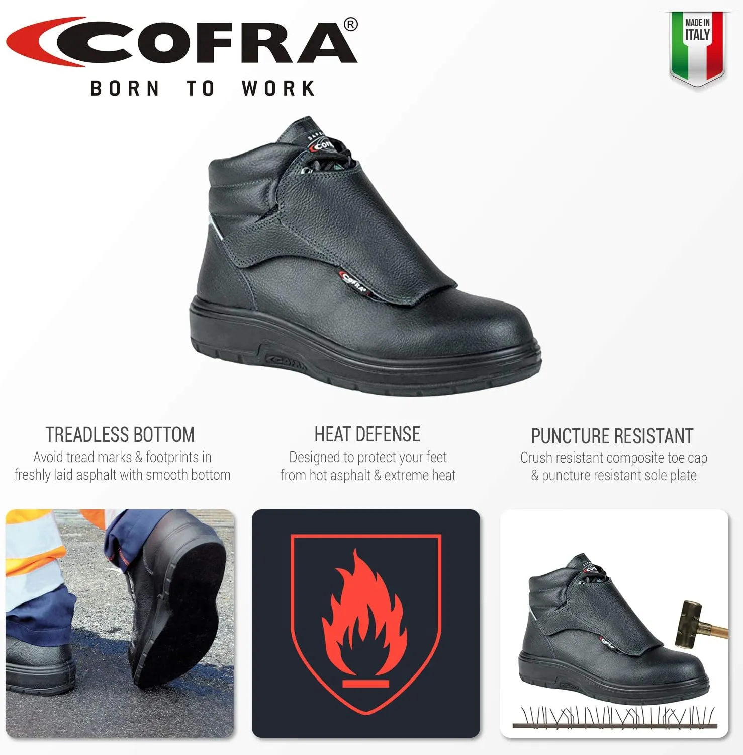 COFRA Leather Work Boots - HEAT SHIELD Treadless Footwear with Composite Safety Toe & Heat Defender Nitrile Rubber Outsole - Size 7