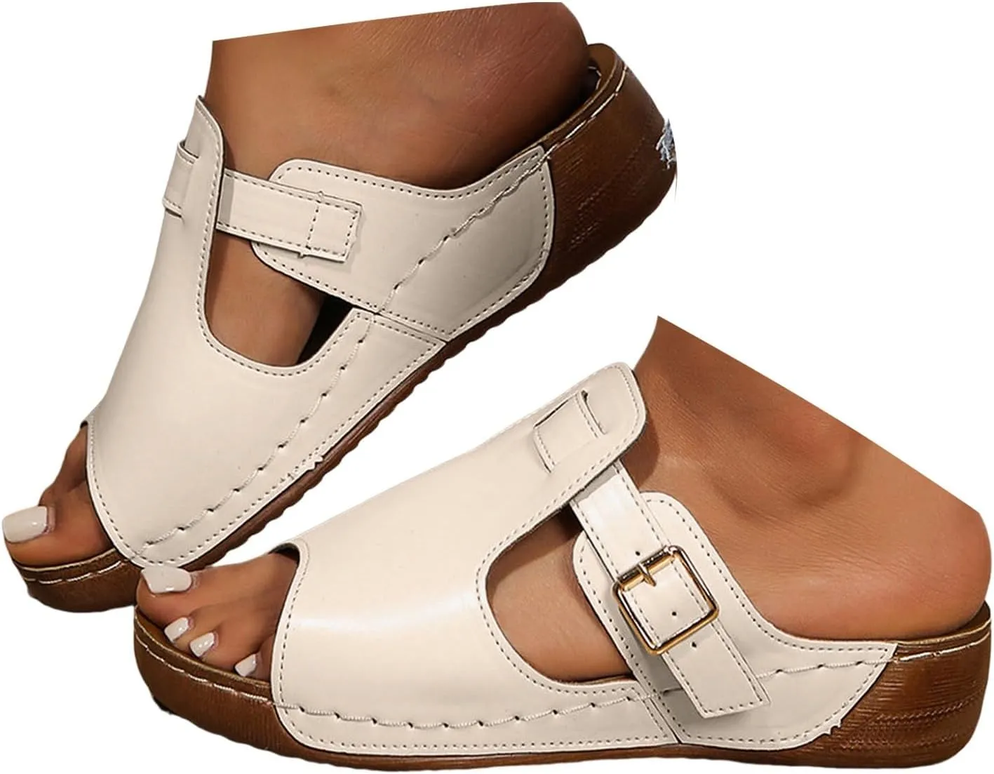 Comfortable Orthopedic Wedge Sandals for Women 2025, Leather Comfortable Memory Foam Thick Sole Slip On Slides Asjustable Strap Sandals Slip On Slides Beach Orthotic Cushion Slide Shoes for Daily Wear
