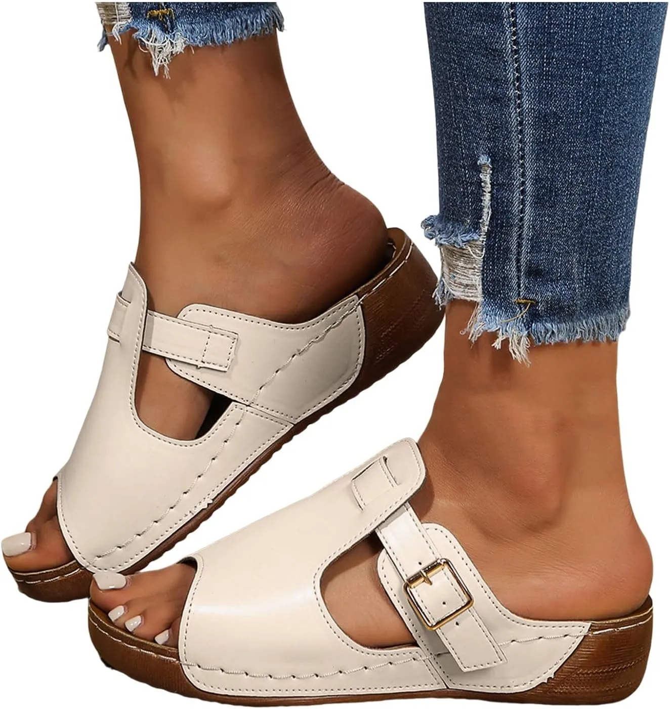 Comfortable Orthopedic Wedge Sandals for Women 2025, Leather Comfortable Memory Foam Thick Sole Slip On Slides Asjustable Strap Sandals Slip On Slides Beach Orthotic Cushion Slide Shoes for Daily Wear