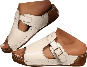 Comfortable Orthopedic Wedge Sandals for Women 2025, Leather Comfortable Memory Foam Thick Sole Slip On Slides Asjustable Strap Sandals Slip On Slides Beach Orthotic Cushion Slide Shoes for Daily Wear