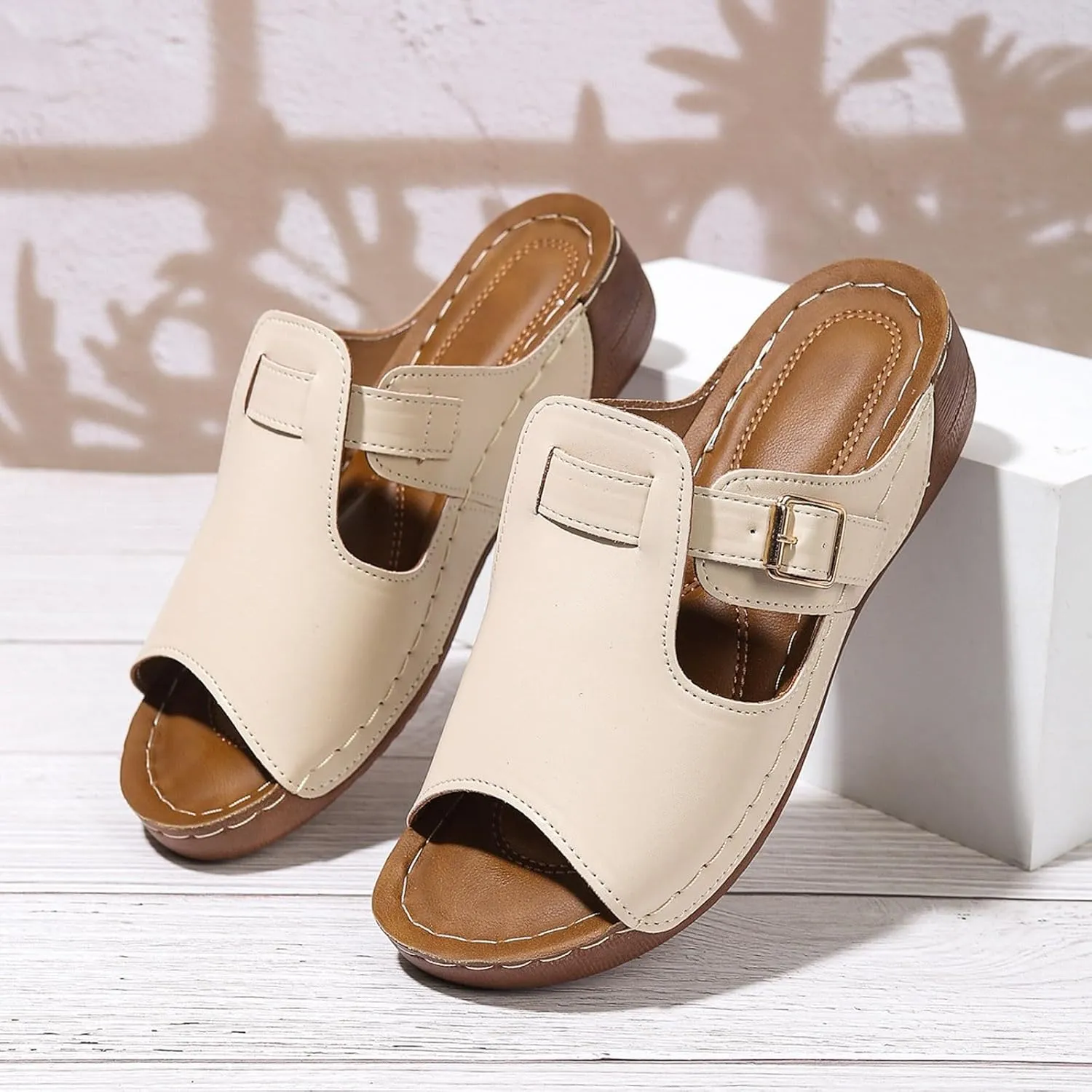 Comfortable Orthopedic Wedge Sandals for Women 2025, Leather Comfortable Memory Foam Thick Sole Slip On Slides Asjustable Strap Sandals Slip On Slides Beach Orthotic Cushion Slide Shoes for Daily Wear
