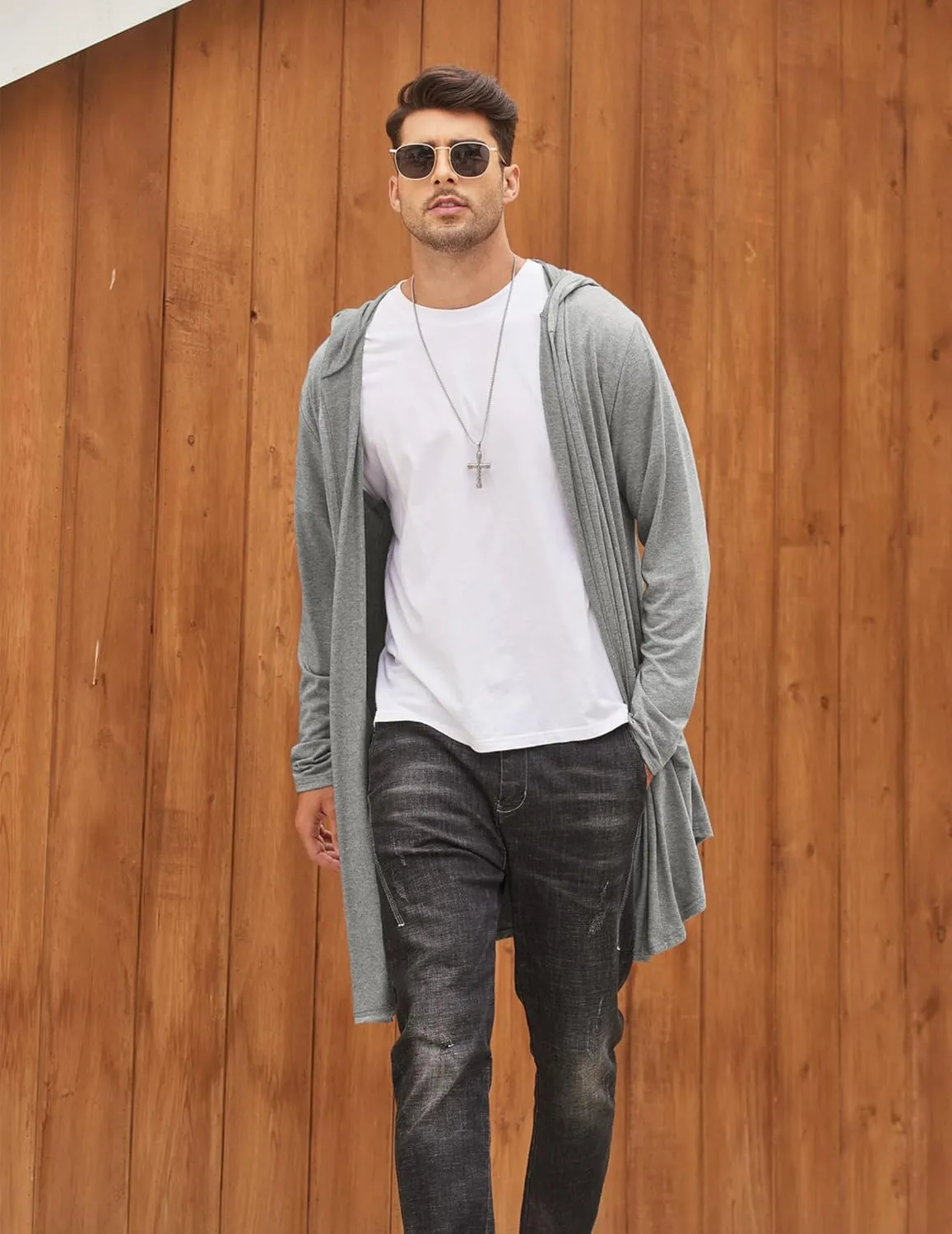 COOFANDY Men's Long Hooded Cardigan Shawl Collar Lightweight Open Front Drape Cape Overcoat with Pockets