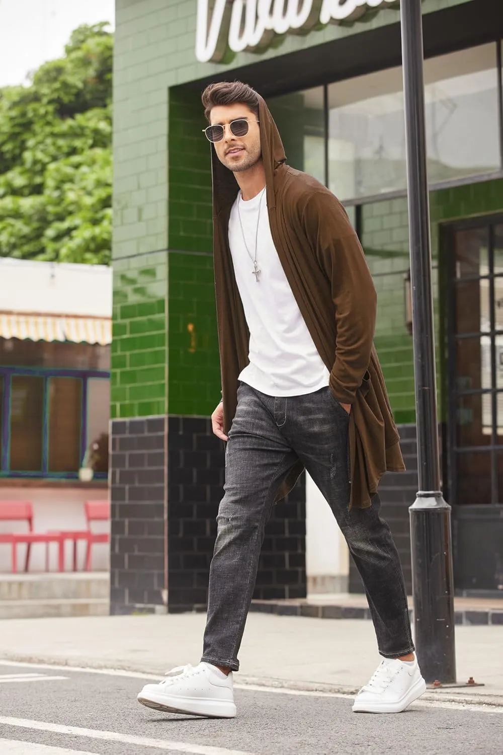 COOFANDY Men's Long Hooded Cardigan Shawl Collar Lightweight Open Front Drape Cape Overcoat with Pockets