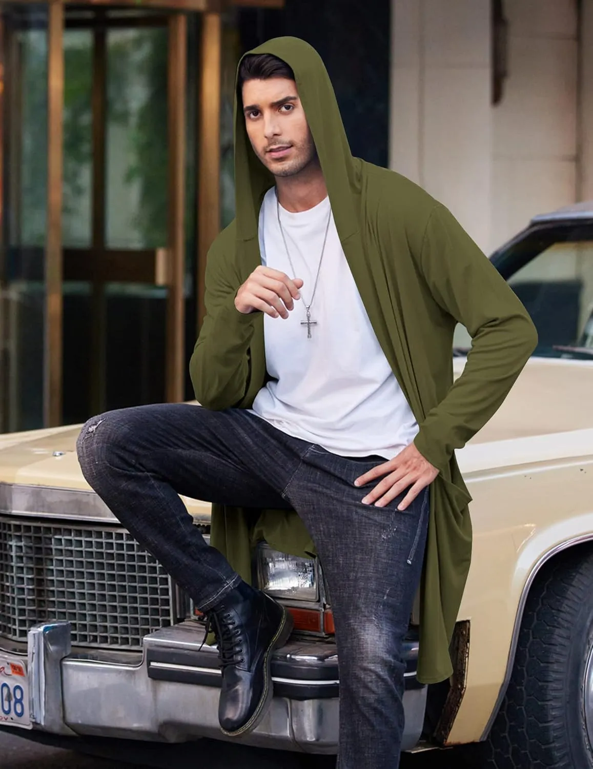 COOFANDY Men's Long Hooded Cardigan Shawl Collar Lightweight Open Front Drape Cape Overcoat with Pockets