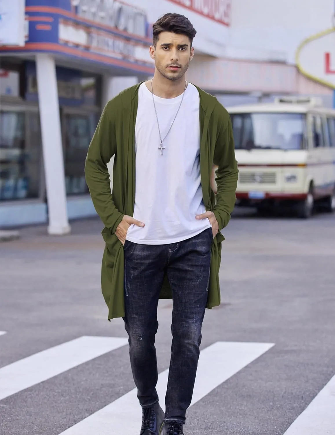 COOFANDY Men's Long Hooded Cardigan Shawl Collar Lightweight Open Front Drape Cape Overcoat with Pockets