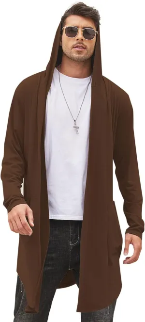 COOFANDY Men's Long Hooded Cardigan Shawl Collar Lightweight Open Front Drape Cape Overcoat with Pockets
