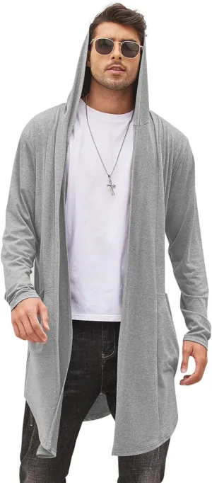 COOFANDY Men's Long Hooded Cardigan Shawl Collar Lightweight Open Front Drape Cape Overcoat with Pockets