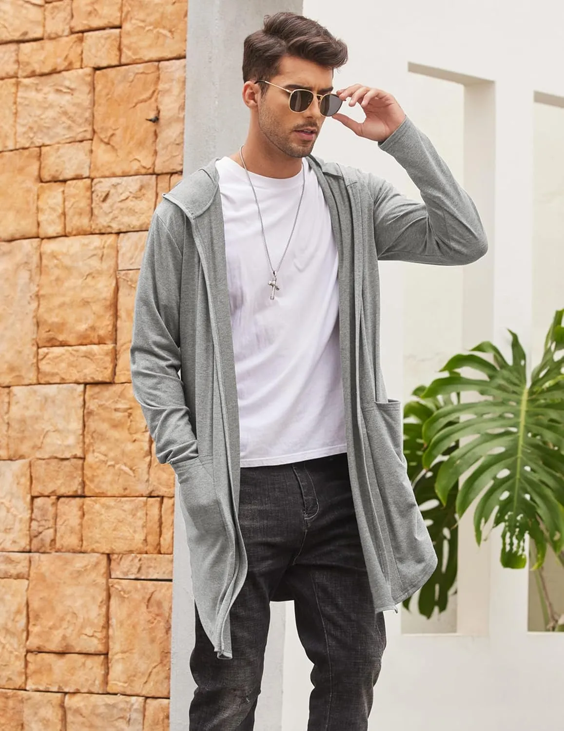 COOFANDY Men's Long Hooded Cardigan Shawl Collar Lightweight Open Front Drape Cape Overcoat with Pockets