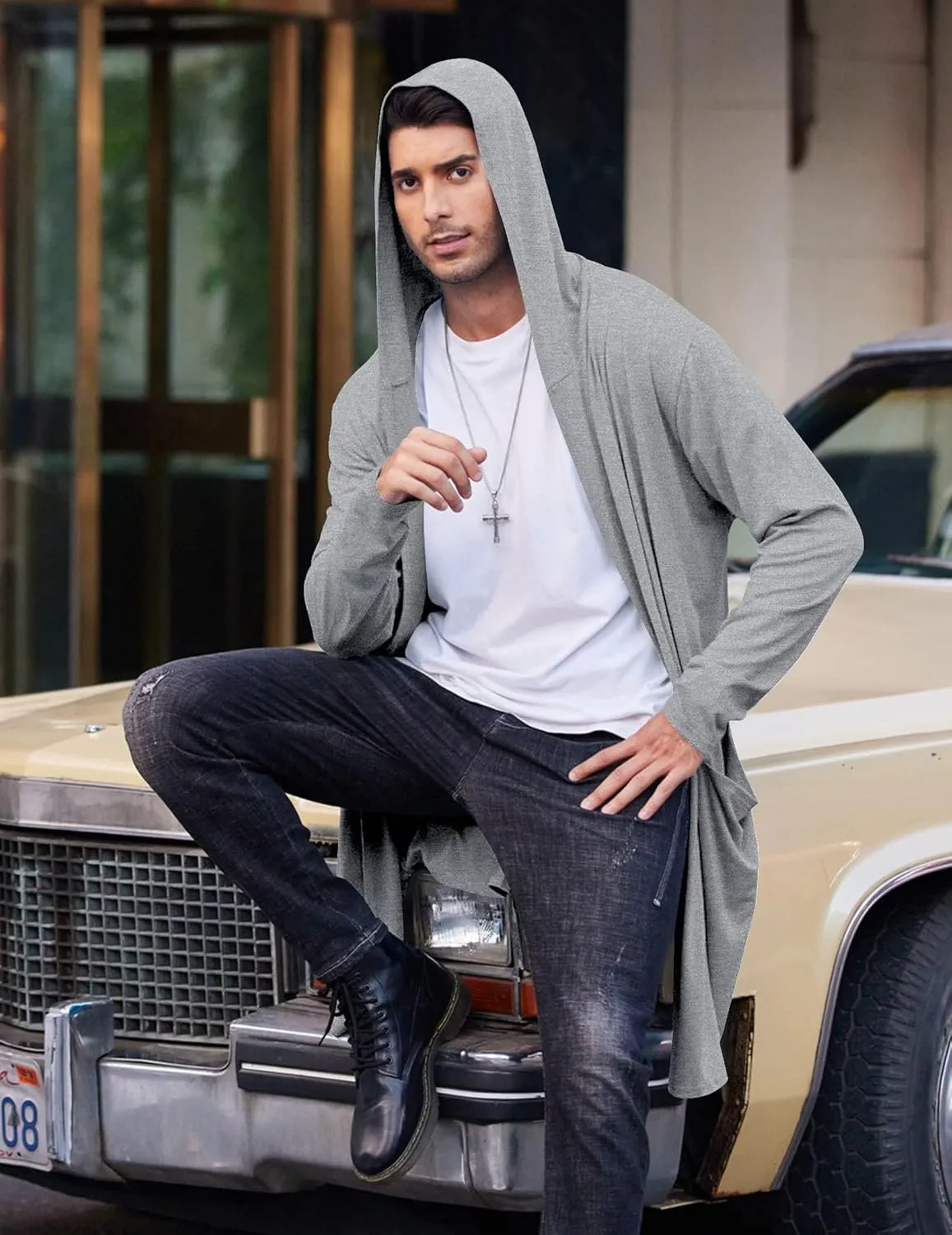 COOFANDY Men's Long Hooded Cardigan Shawl Collar Lightweight Open Front Drape Cape Overcoat with Pockets