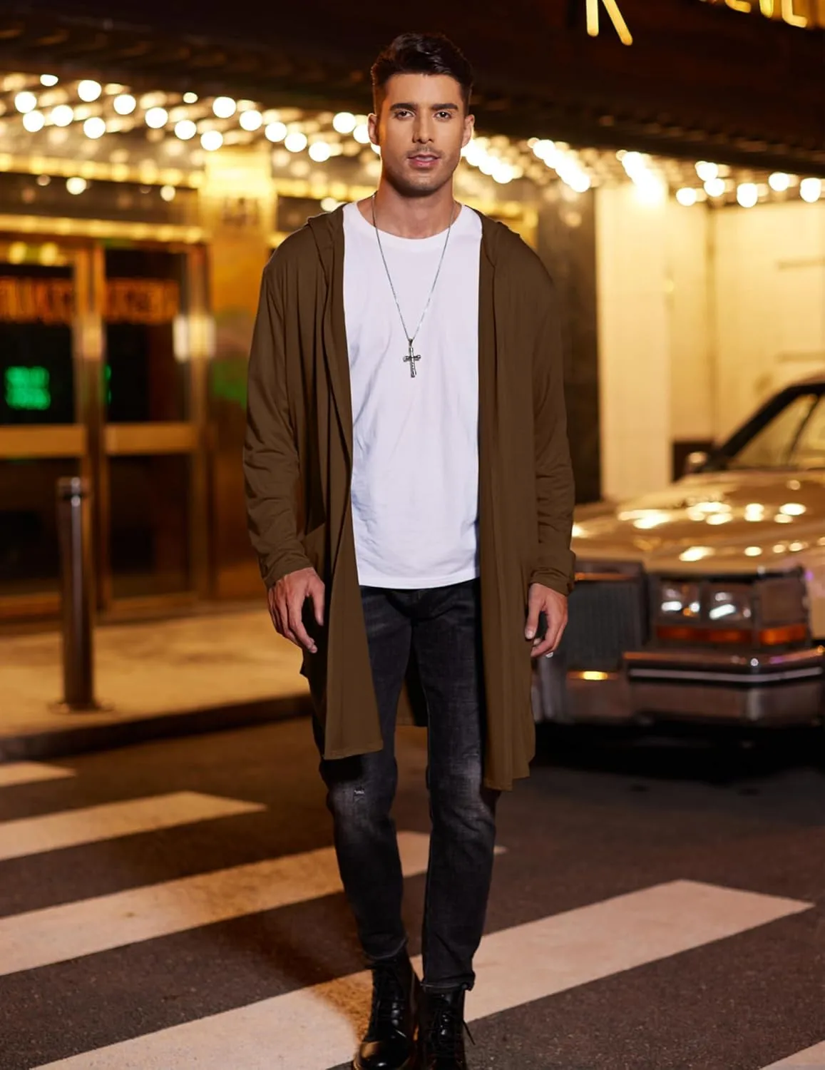 COOFANDY Men's Long Hooded Cardigan Shawl Collar Lightweight Open Front Drape Cape Overcoat with Pockets