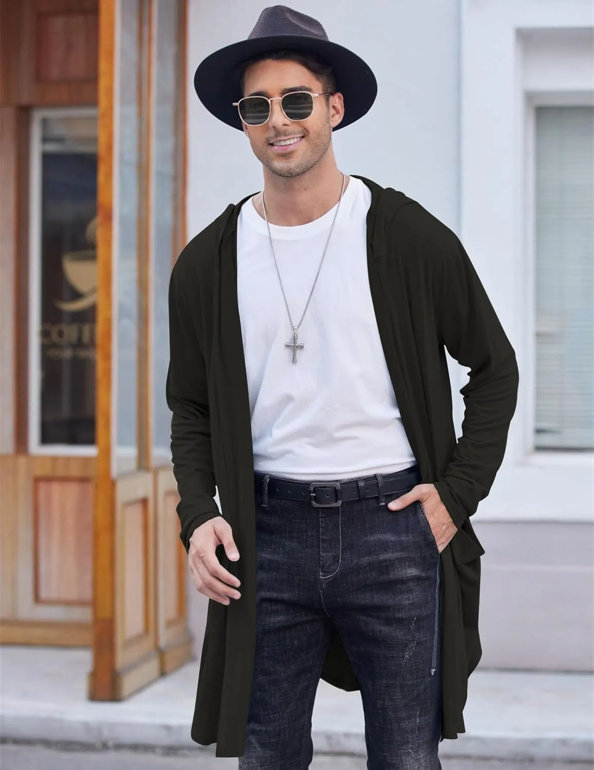 COOFANDY Men's Long Hooded Cardigan Shawl Collar Lightweight Open Front Drape Cape Overcoat with Pockets