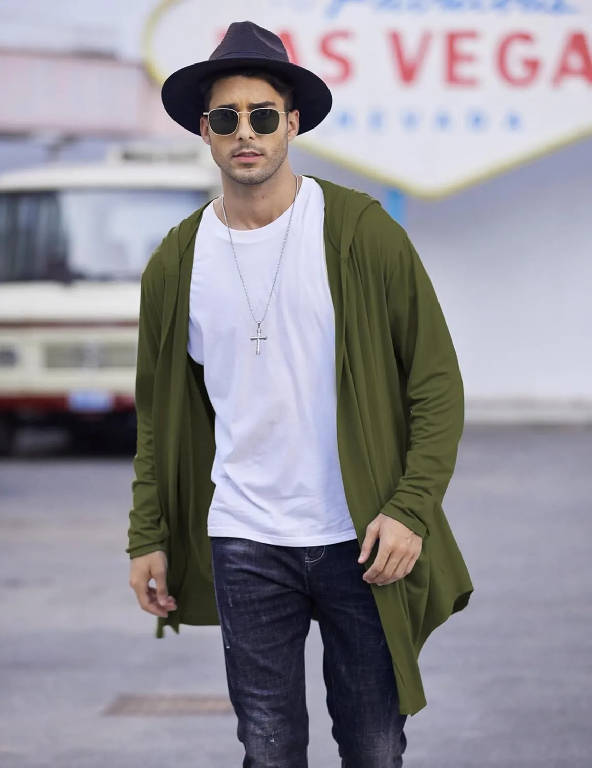 COOFANDY Men's Long Hooded Cardigan Shawl Collar Lightweight Open Front Drape Cape Overcoat with Pockets