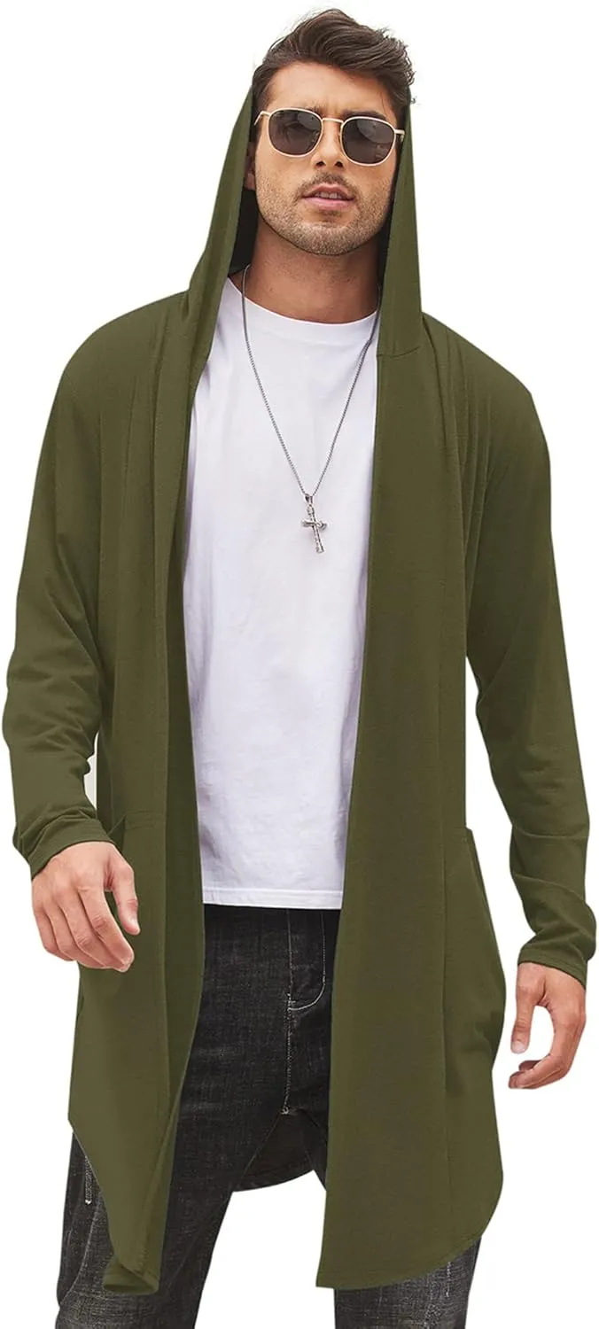 COOFANDY Men's Long Hooded Cardigan Shawl Collar Lightweight Open Front Drape Cape Overcoat with Pockets