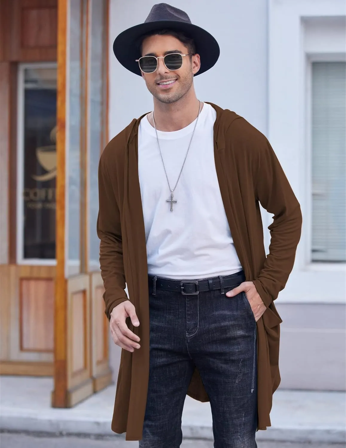 COOFANDY Men's Long Hooded Cardigan Shawl Collar Lightweight Open Front Drape Cape Overcoat with Pockets